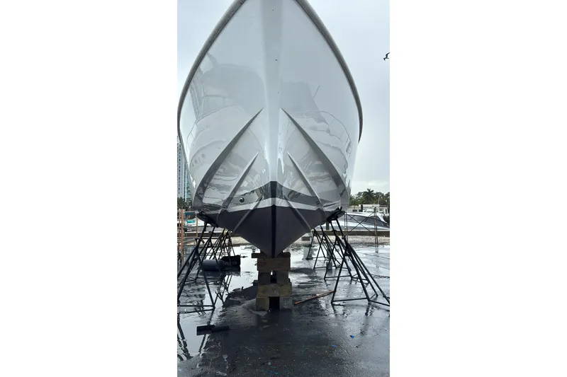 Slide: The Image of 2019 Fjord 38 boat on dry dock, viewed from the front. - 47