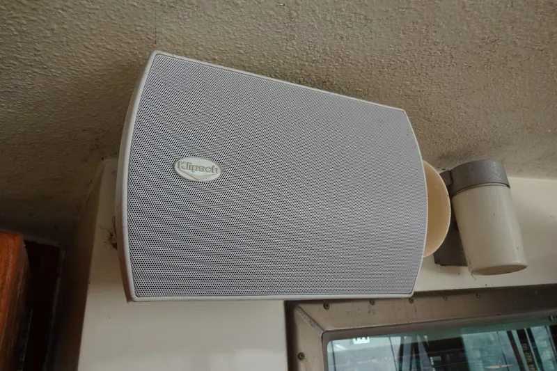 Slide: The Image of Klipsch speaker mounted on 1977 Hatteras 53 Motor Yacht interior ceiling. - 104