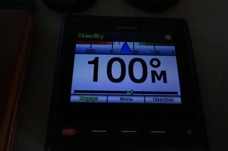 Slide: The Image of Garmin navigation display on 1977 Hatteras 53 Motor Yacht showing 100 meters. - 105