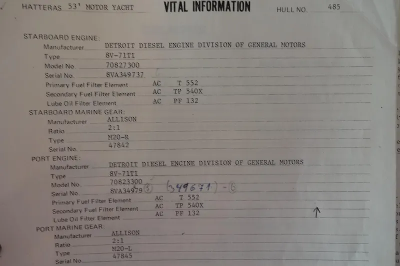 Slide: The Image of 1977 Hatteras 53 Motor Yacht engine specifications and vital information document. - 113