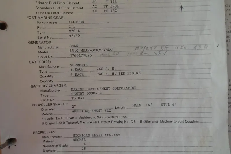 Slide: The Image of 1977 Hatteras 53 Motor Yacht specifications sheet detailing engine, generator, and battery information. - 114