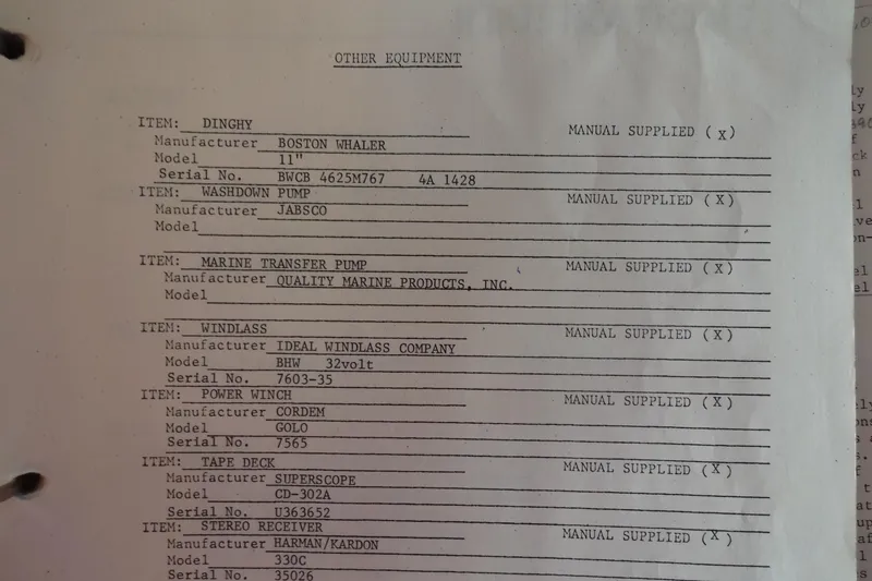 Slide: The Image of 1977 Hatteras 53 Motor Yacht equipment list, including dinghy, pumps, windlass, and stereo receiver. - 117