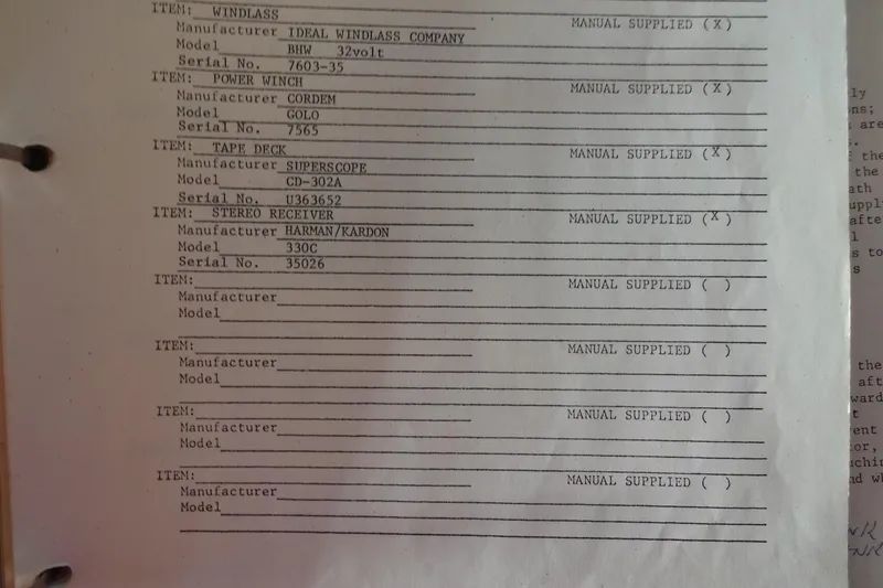 Slide: The Image of 1977 Hatteras 53 Motor Yacht equipment list with manufacturers and serial numbers. - 118