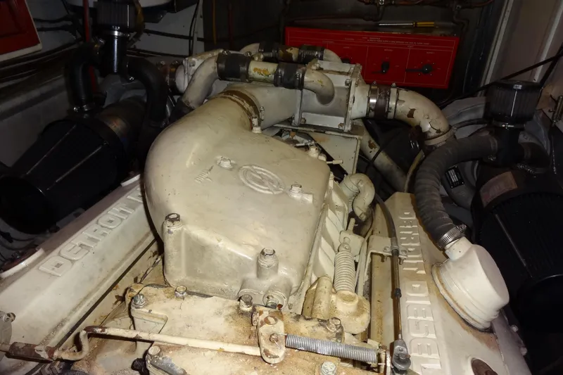 Slide: The Image of Engine room of a 1977 Hatteras 53 Motor Yacht with Detroit Diesel engine. - 84