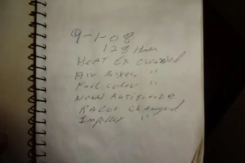 Slide: The Image of Handwritten maintenance notes for a 1977 Hatteras 53 Motor Yacht dated 9-1-08. - 97
