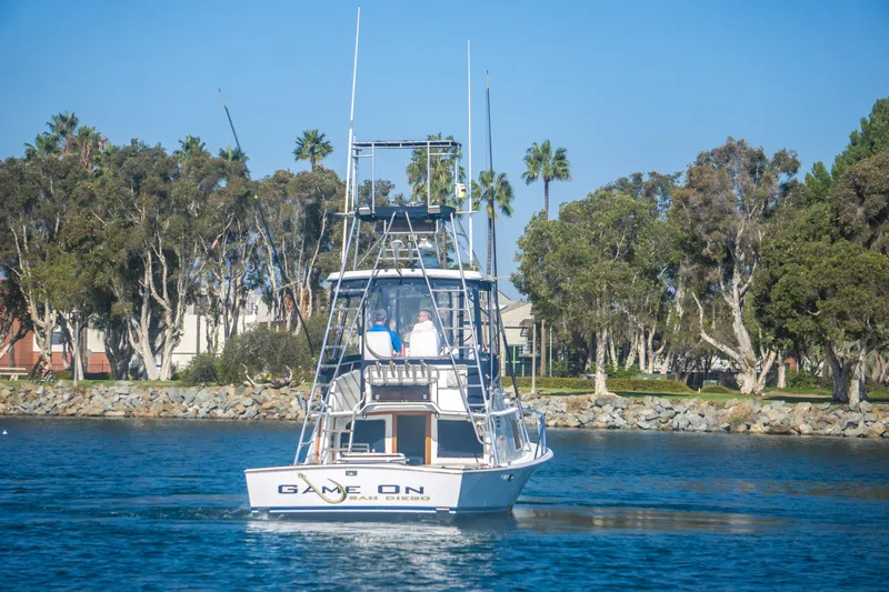 Slide: The Image of 1987 Blackfin 32 Flybridge boat cruising near a tree-lined shore. - 3