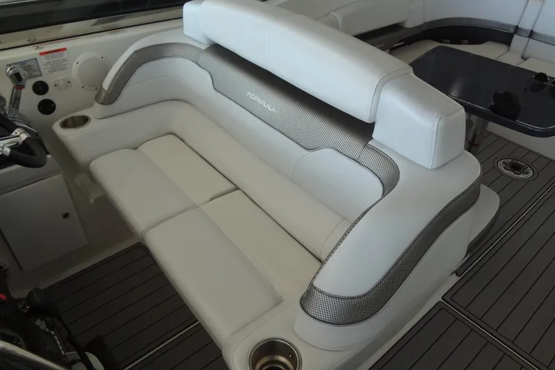 Slide: The Image of Luxurious seating in 2019 Formula 400 Super Sport boat interior, featuring sleek design and comfort. - 27