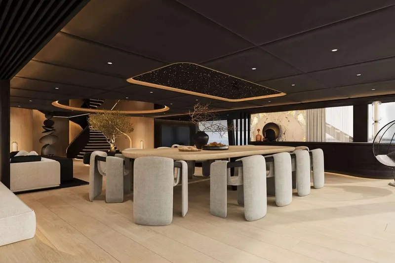 Slide: The Image of Luxurious interior of 2026 Sunreef 65M Explorer yacht with modern dining area and elegant design. - 10