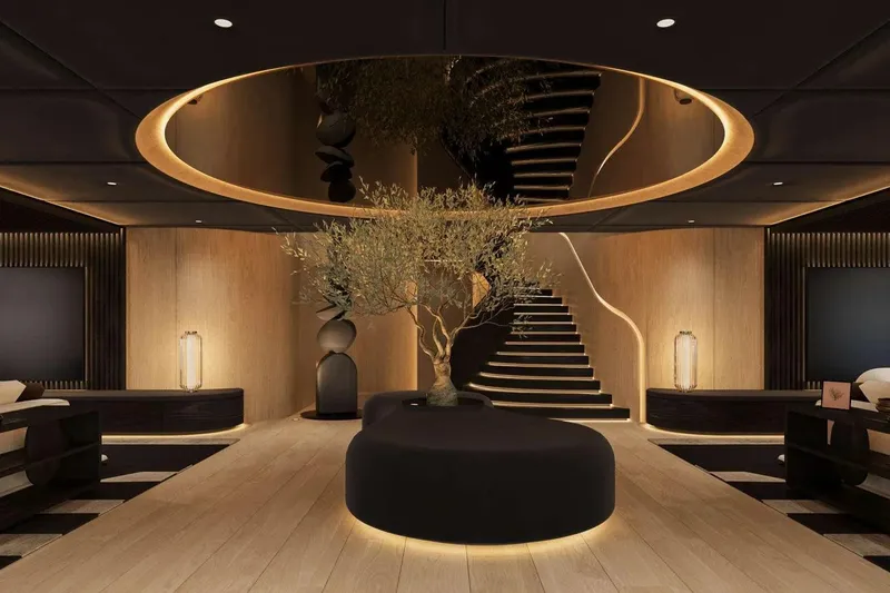 Slide: The Image of Luxurious interior of 2026 Sunreef 65M Explorer yacht with elegant staircase and modern design. - 12