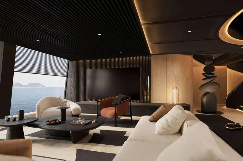 Slide: The Image of Luxurious interior of 2026 Sunreef 65M Explorer yacht with modern furnishings and ocean view. - 13