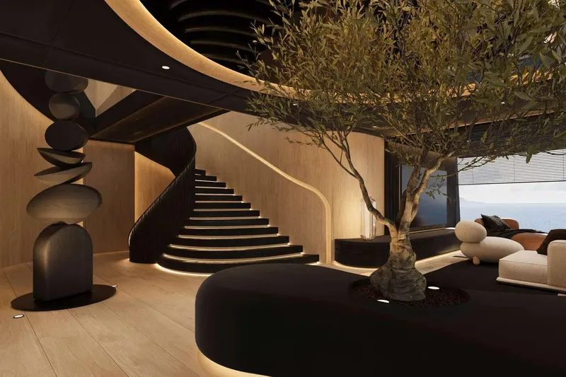 Slide: The Image of Luxurious interior of 2026 Sunreef 65M Explorer yacht with elegant staircase and indoor tree. - 15