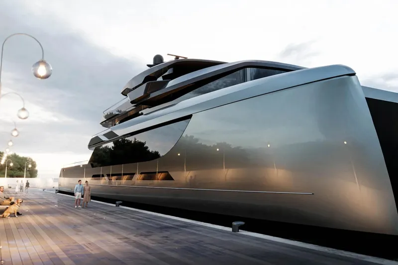 Slide: The Image of Luxurious 2026 Sunreef 65M Explorer yacht docked at a modern marina. - 2