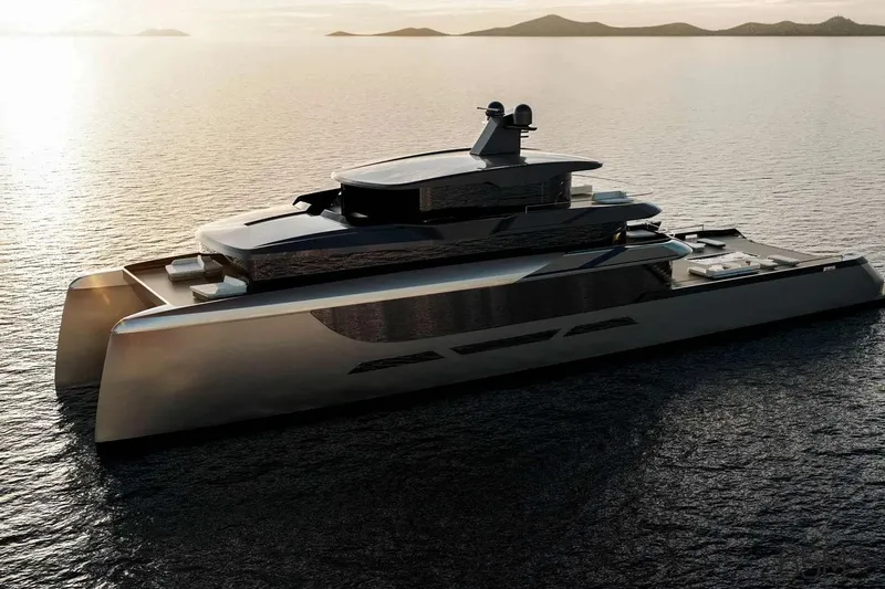 Slide: The Image of Futuristic 2026 Sunreef 65M Explorer yacht on serene ocean at sunset. - 3
