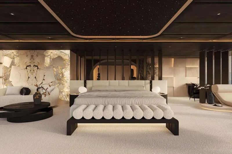 Slide: The Image of Luxurious bedroom interior on 2026 Sunreef 65M Explorer yacht, featuring modern design and elegant furnishings. - 5