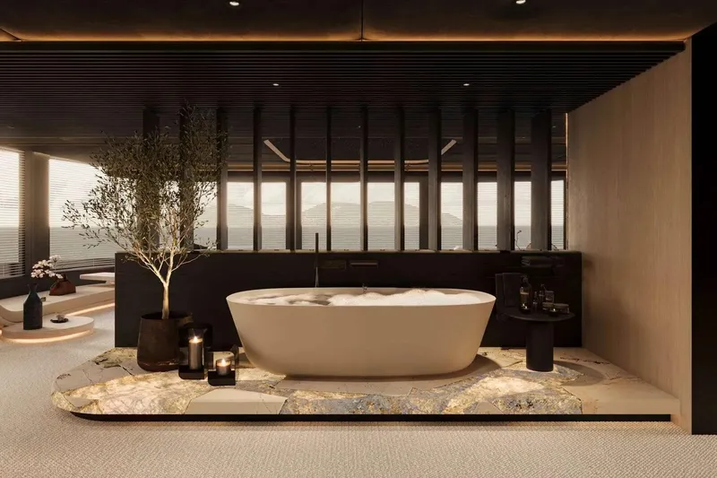 Slide: The Image of Luxurious bathroom on 2026 Sunreef 65M Explorer yacht with elegant freestanding tub and ambient lighting. - 6