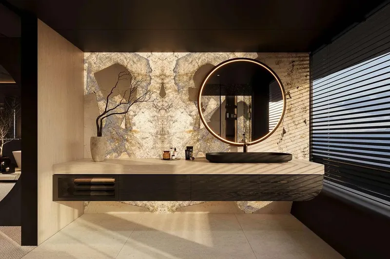 Slide: The Image of Luxurious bathroom interior on 2026 Sunreef 65M Explorer yacht, featuring modern design and elegant decor. - 7