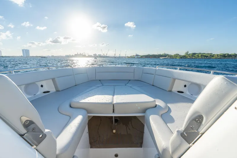 Slide: The Image of Luxurious MJM 3 boat interior, 2026 model, with spacious seating and ocean view. - 12