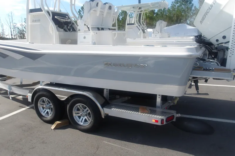 Slide: The Image of 2026 Ranger 2510 Bay boat on trailer, featuring sleek design and dual axles. - 6
