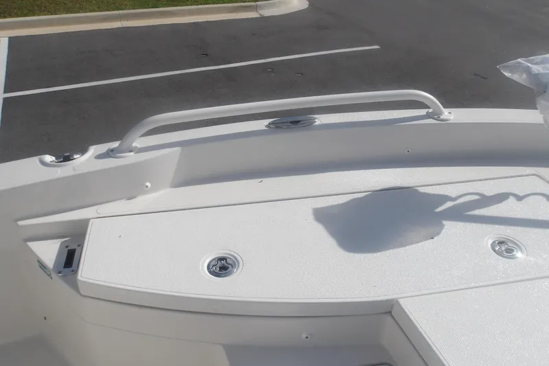 Slide: The Image of 2026 Ranger 2510 Bay boat deck with white finish and stainless steel fittings. - 26
