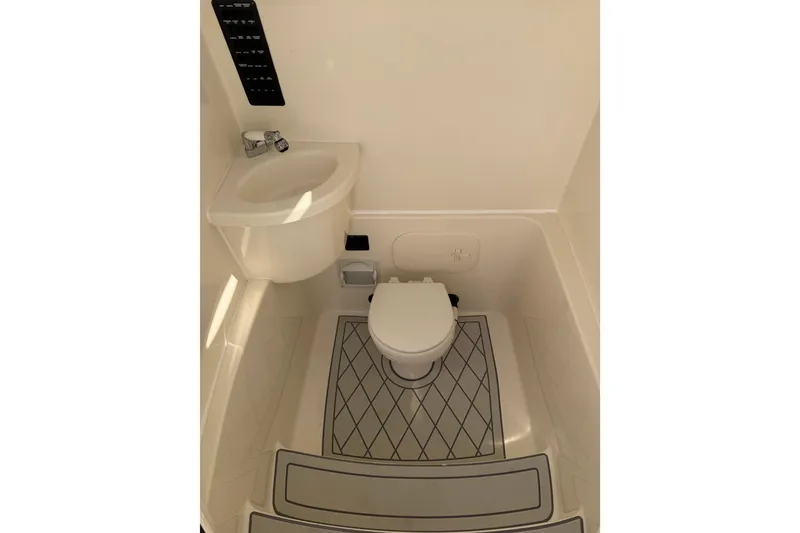Slide: The Image of 2021 Cobia 262 Center Console boat interior with toilet and sink. - 29