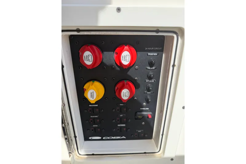 Slide: The Image of Control panel of 2021 Cobia 262 Center Console boat with switches and dials. - 6
