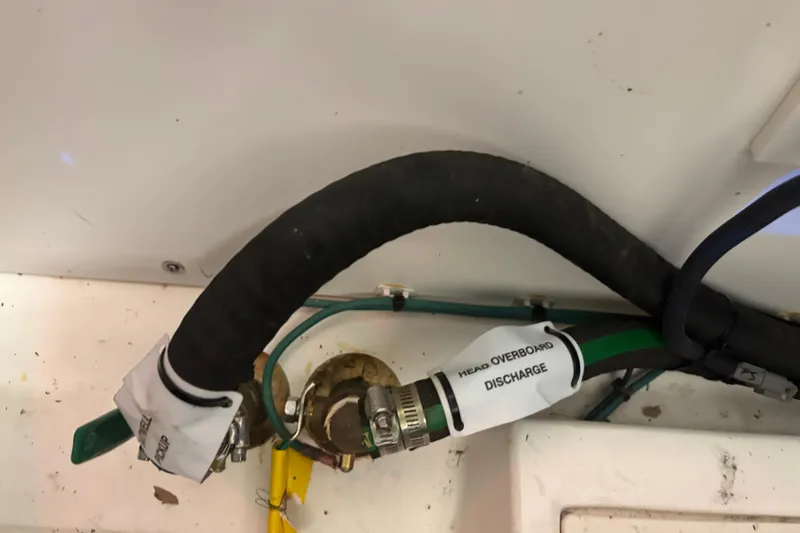 Slide: The Image of Boat plumbing system with labeled discharge hose on 2020 Pursuit DC 365 Dual Console. - 51