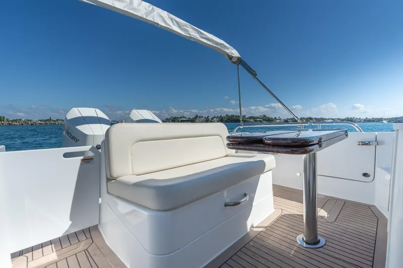 Slide: The Image of Luxury seating area on 2025 MJM 35 boat with scenic ocean view. - 28