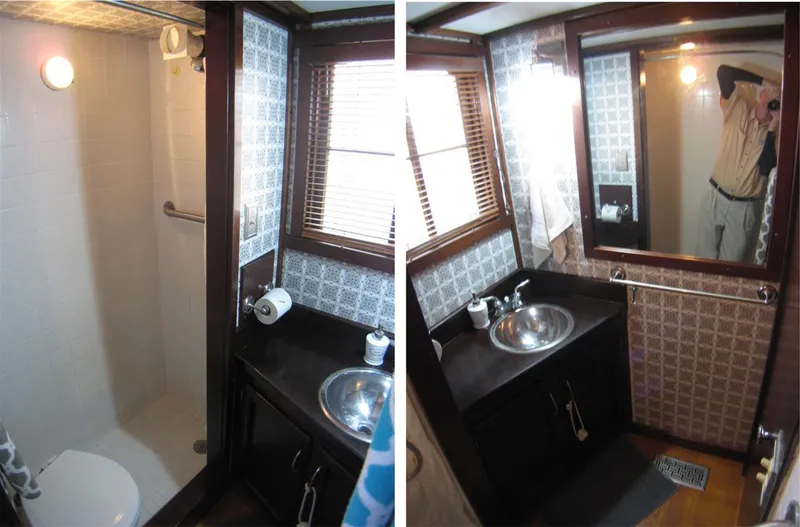 Slide: The Image of Compact bathroom in 1987 Custom Pilgrim Tribute, featuring shower, sink, and mirror. - 15