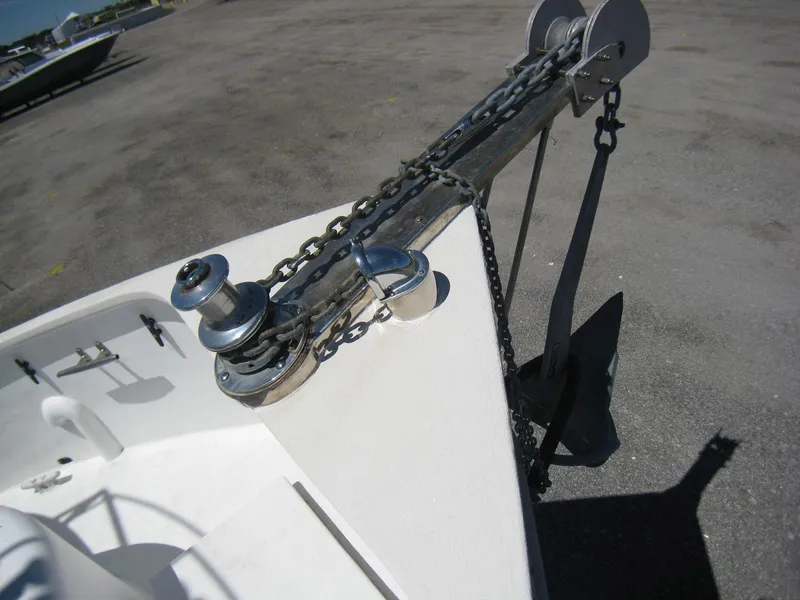 Slide: The Image of Bow of 1987 Custom Pilgrim Tribute boat with anchor and chain mechanism. - 29