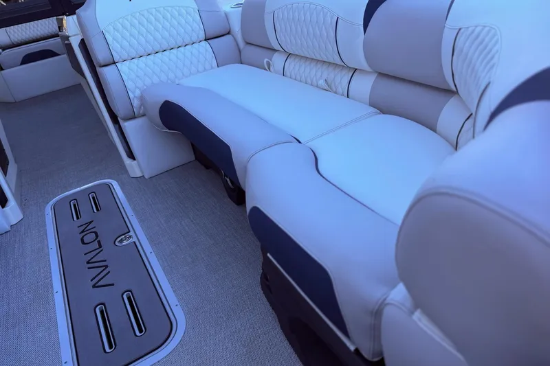 Slide: The Image of Luxurious seating in 2026 Avalon 2585 Excalibur LTD Flex Windshield boat interior. - 9