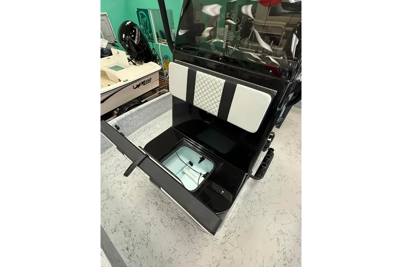 Slide: The Image of 2026 Freedom Boats 19 PATRIOT interior with storage compartment and cushioned seating. - 12
