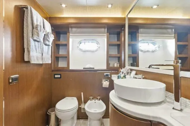 Slide: The Image of Luxurious bathroom on 2006 Tecnomar 35 Nadara yacht with modern fixtures and elegant design. - 16