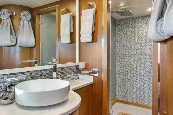 Slide: The Image of Luxurious bathroom on 2006 Tecnomar 35 Nadara yacht with modern fixtures and elegant design. - 20