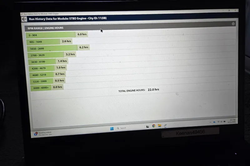 Slide: The Image of Laptop displaying engine run history data for Bass Tracker 175, 2004 model. - 6
