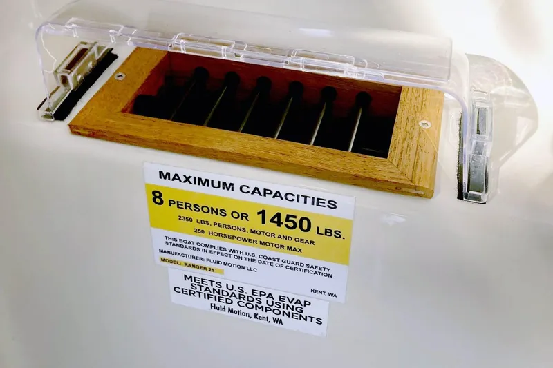 Slide: The Image of Ranger Tugs R-25 2021 capacity label, 8 persons or 1450 lbs, safety compliance. - 37