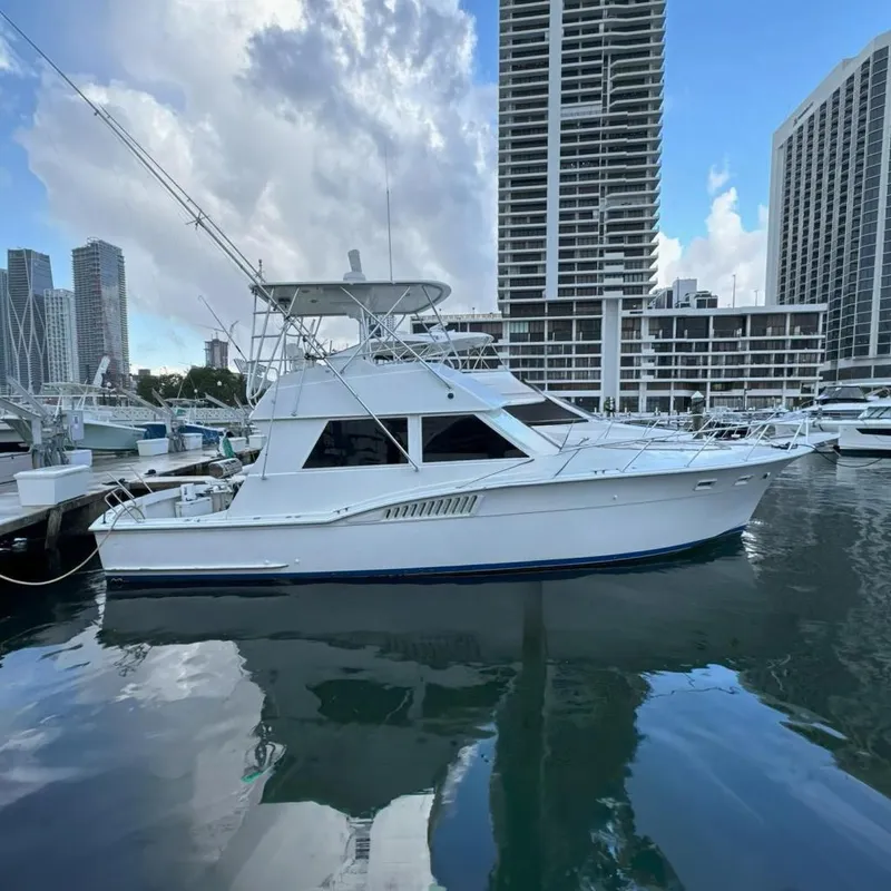 Slide: The Image of 1982 Hatteras Convertible yacht docked in a marina with city skyline backdrop. - 0