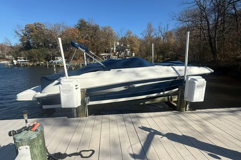 The Image of 2015 Sea Ray 240 Sundeck boat docked on a sunny day by the water. - 1