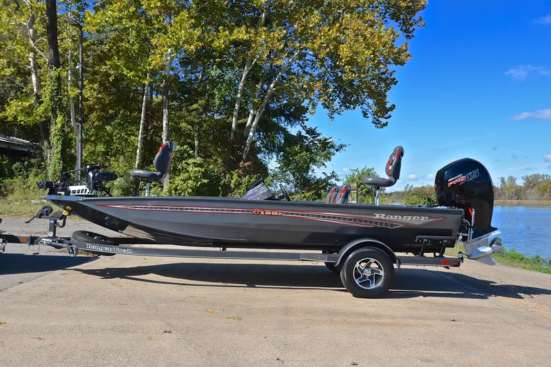 Slide: The Image of 2022 Ranger RT198P fishing boat on trailer by a lake, surrounded by trees. - 11