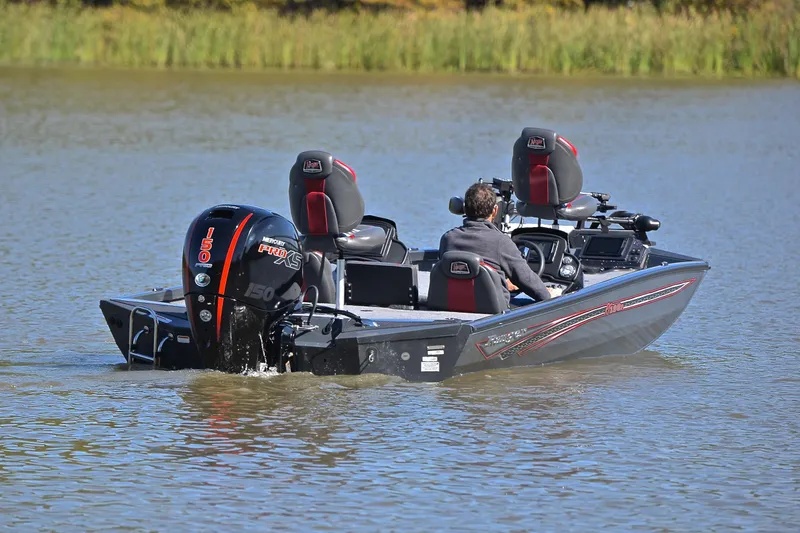 Slide: The Image of 2022 Ranger RT198P boat on water, featuring Mercury Pro XS engine. - 8