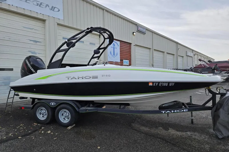 Slide: The Image of 2018 Tahoe 2150 boat on trailer, parked outside a storage facility. - 3