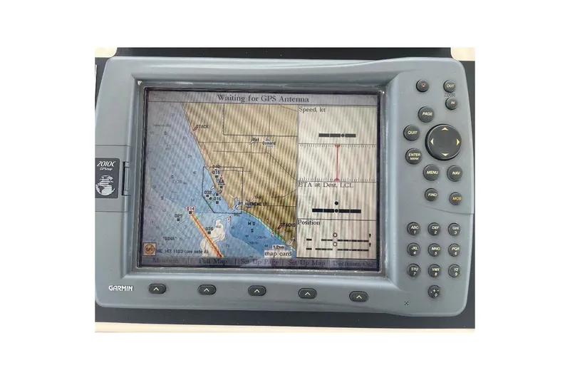 Slide: The Image of Garmin GPS navigation system on 1990 Offshore Yachts 55 Pilothouse, displaying coastal map. - 39
