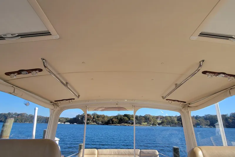 Slide: The Image of Interior view of 2017 MJM 40z Downeast boat with scenic water backdrop. - 15