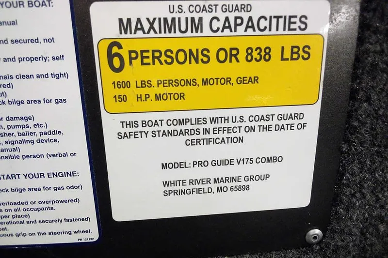 Slide: The Image of 2022 Tracker Pro Guide V-16 WT boat capacity label, 6 persons or 838 lbs, 150 HP motor. - 21
