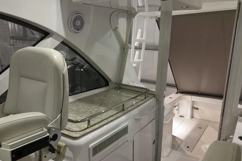 Slide: The Image of 2020 Hatteras GT45X yacht interior with luxurious seating and sleek design. - 42