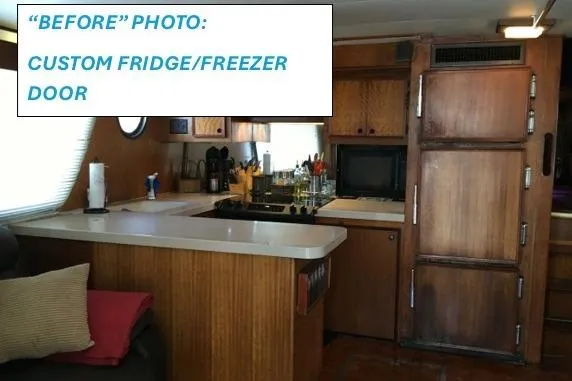 Slide: The Image of Interior of 1977 Hatteras 48 Long Range Cruiser with custom fridge/freezer door. - 66