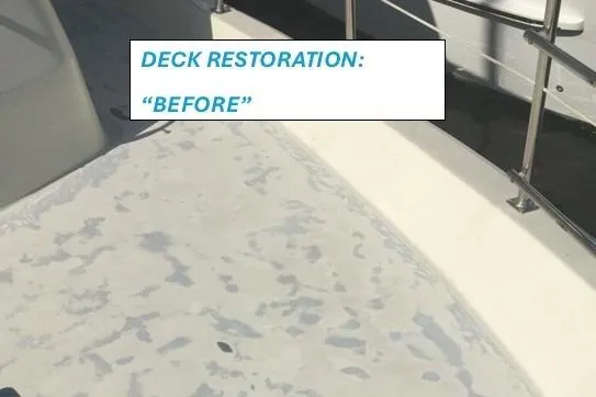 Slide: The Image of 1977 Hatteras 48 Long Range Cruiser deck before restoration, showing wear and surface imperfections. - 69
