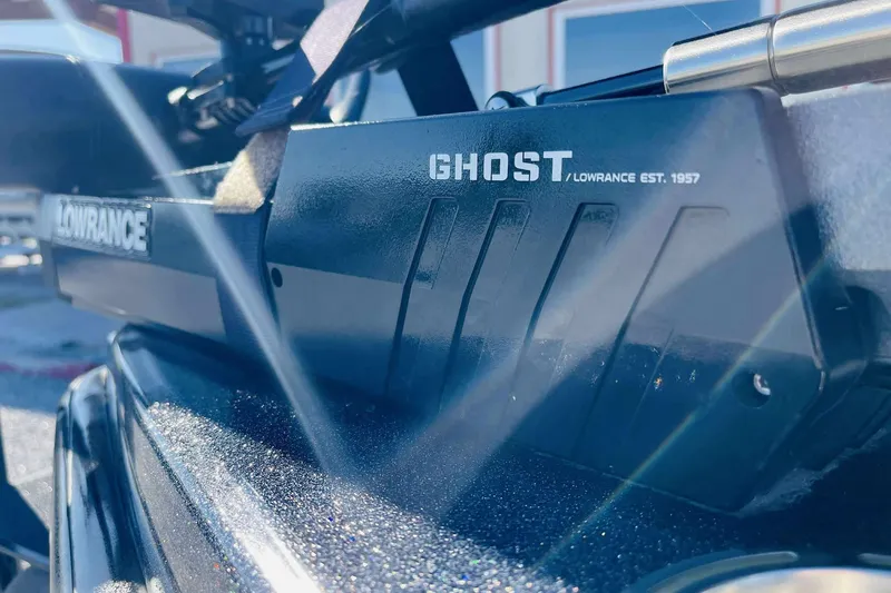 Slide: The Image of Close-up of Lowrance Ghost trolling motor on 2014 Bass Cat Eyra boat. - 6