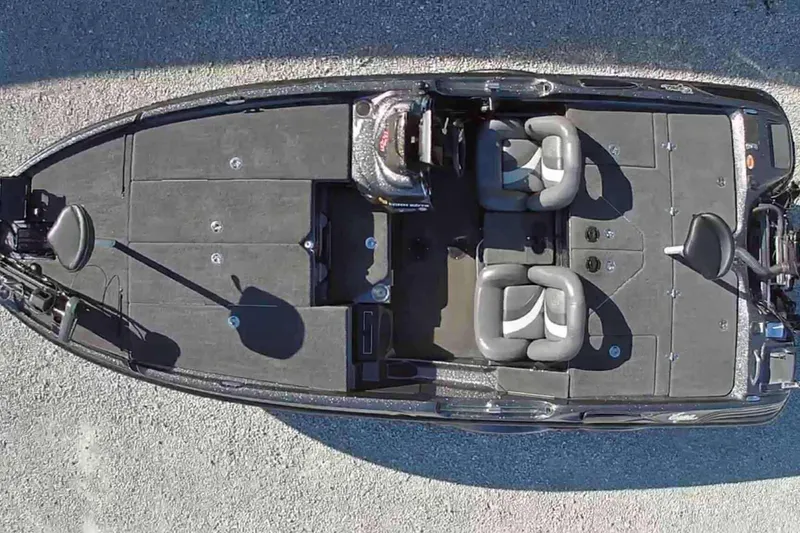 Slide: The Image of 2014 Bass Cat Eyra boat, aerial view, dual seats, spacious deck, sleek design. - 8