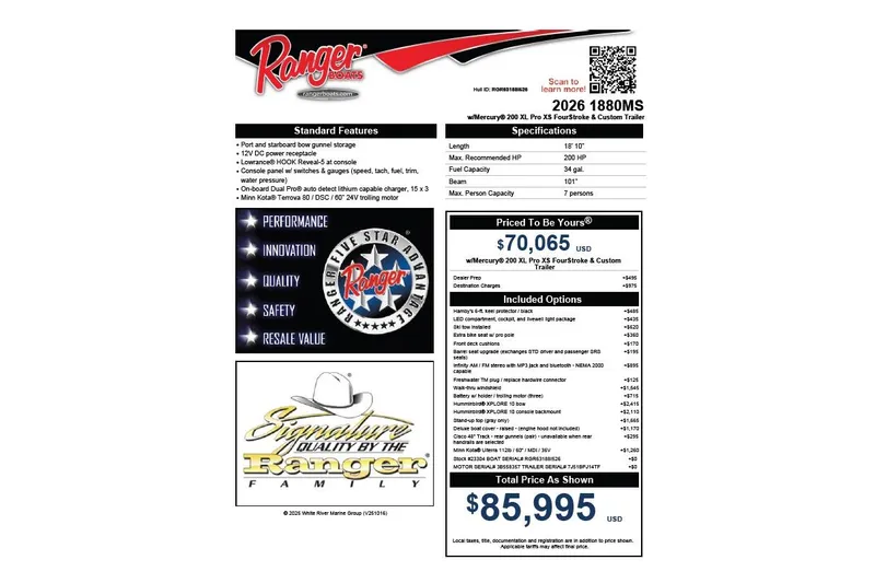Slide: The Image of 2026 Ranger 1880MS boat specifications and pricing details, featuring advanced options and custom trailer. - 72