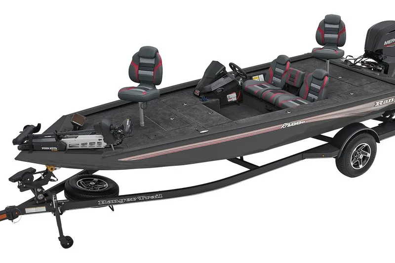 Slide: The Image of 2026 Ranger RT188C boat dashboard with steering wheel, gauges, and touchscreen display. - 64